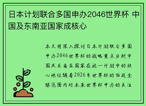 日本计划联合多国申办2046世界杯 中国及东南亚国家成核心