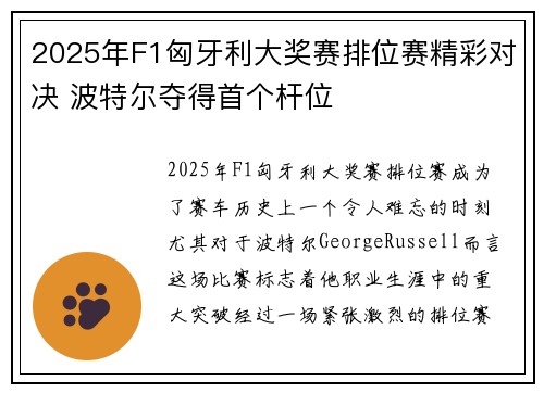 2025年F1匈牙利大奖赛排位赛精彩对决 波特尔夺得首个杆位