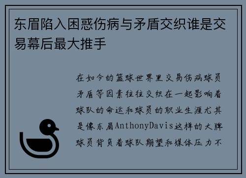 东眉陷入困惑伤病与矛盾交织谁是交易幕后最大推手